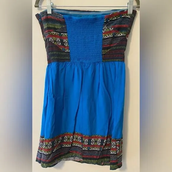 Silence & Noise, Blue Strapless Mini with Boho Print across edges, Size M - Picture 6 of 9